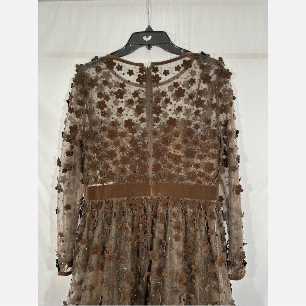 NWT Mac Duggal [ 10 ] Floral High Neck Long Sleeve Fit Flare Dress‎ Coffee Brown - Picture 9 of 15